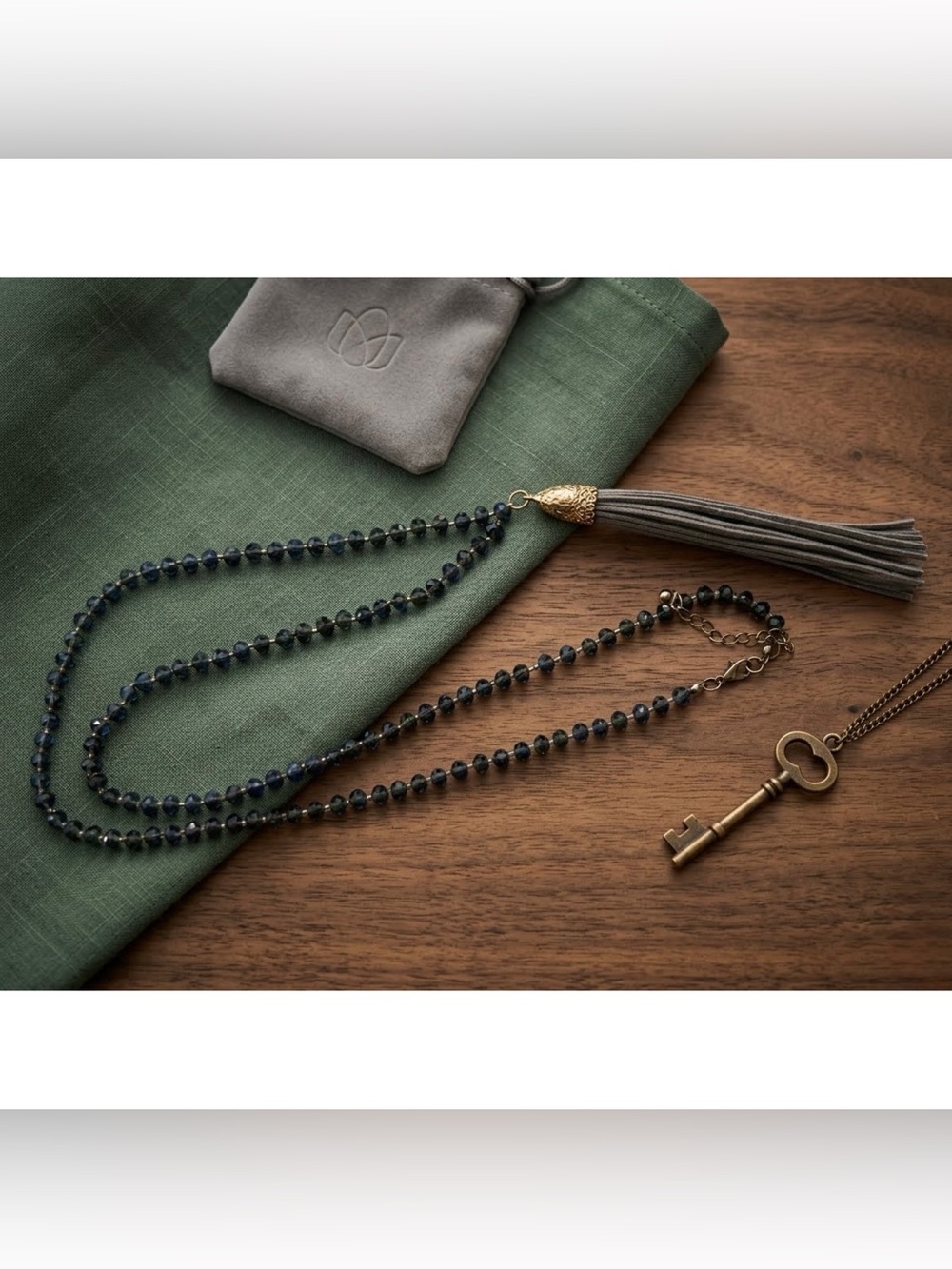 Beaded Necklace with Leather Tassel